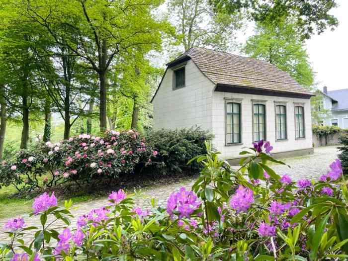 Das Gräfliche Gartenhaus auf der Burginsel in Delmenhorst inmitten blühender Rododendren.