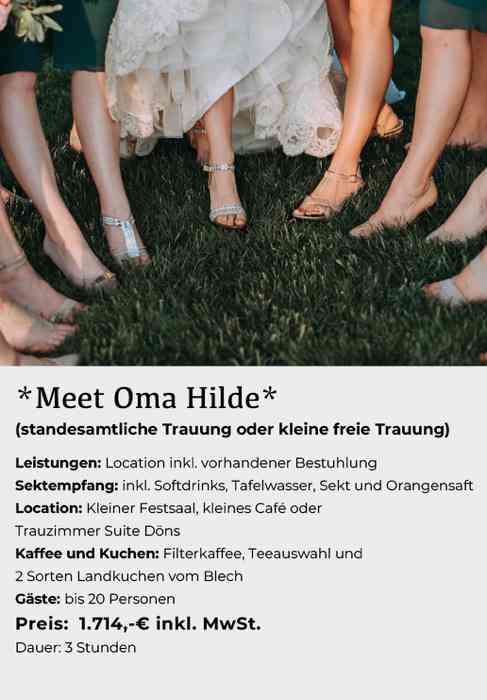 Hochzeitslocation Gut Bielenberg. Hochzeitsarrangement „Meet Oma Hilde“.