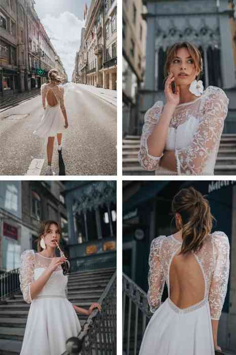 Rembo styling civil collection 2021 Brautkleid weiß kurz mit spitzenärmeln Clarinda